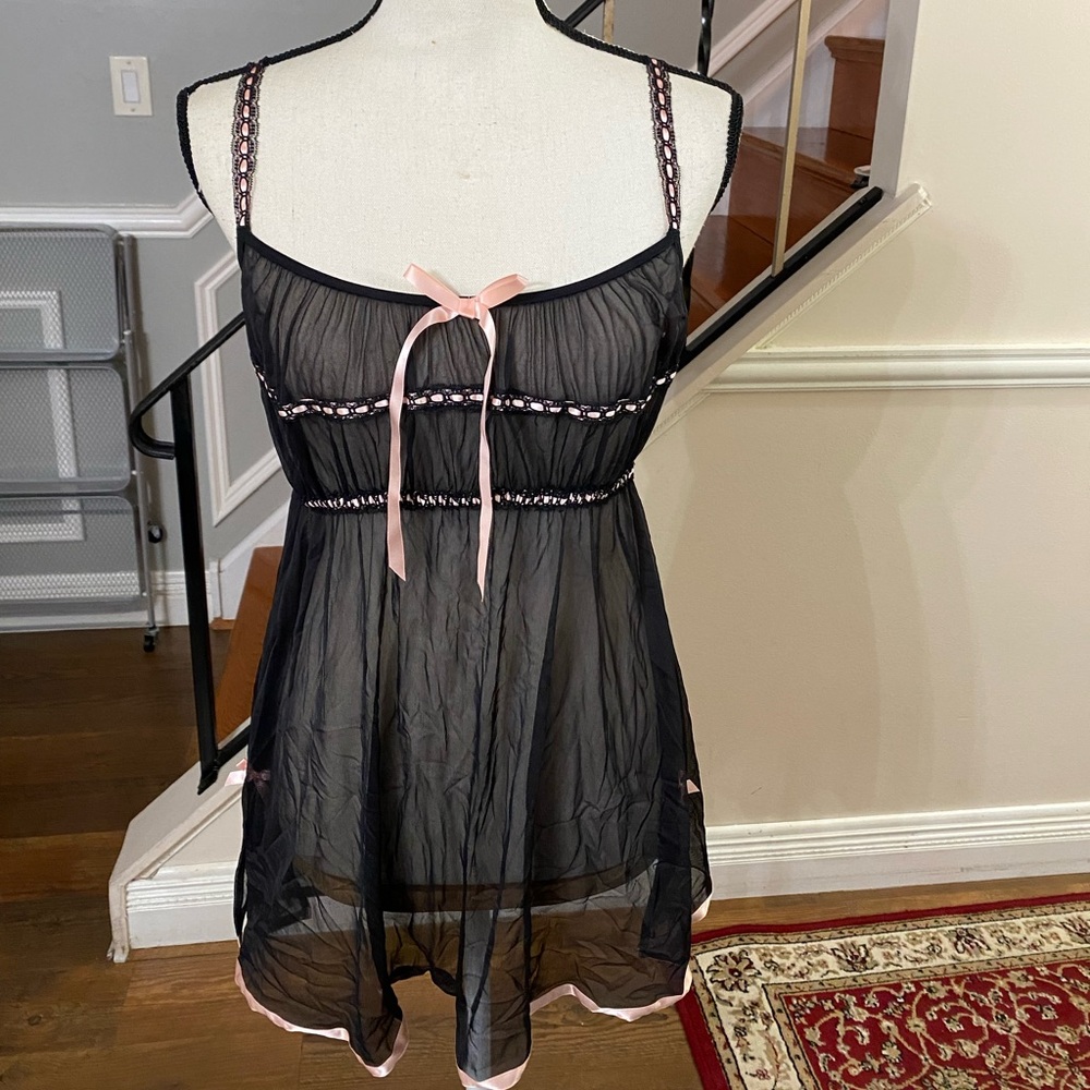 Victoria's Secret Black Sheer Chemise with Pink Ribbon Accents